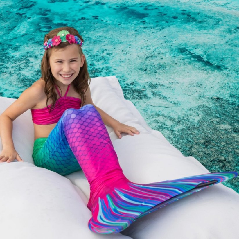 Kostým mořské panny Kuaki Mermaids - ocas, monofin ploutev a plavky - set 4 ks - Azul - M 10-12 let