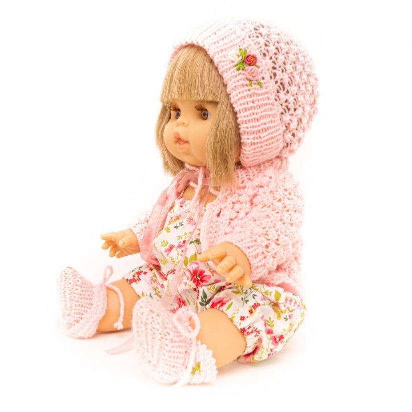 Pletený svetřík s čepičkou a capáčky pro panenku Minikane Romance - Baby Pink - By Loli
