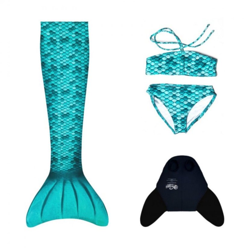 Kostým mořské panny Kuaki Mermaids - ocas, monofin ploutev a plavky - set 4 ks - Turquoise - XS 6-8 let