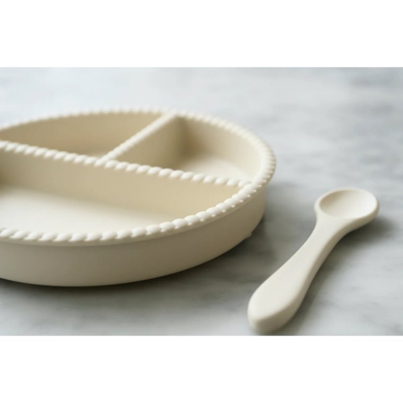 Silikonový talíř s přísavkou a lžička Jack O Juno - Bubble dinning set Cream