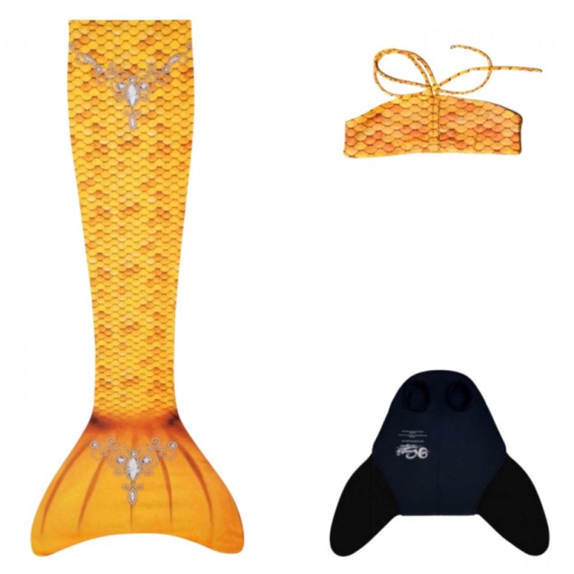 Kostým mořské panny Kuaki Mermaids - ocas, monofin ploutev a vrchní díl plavek - set 3 ks - Gold - XS 6-8 let