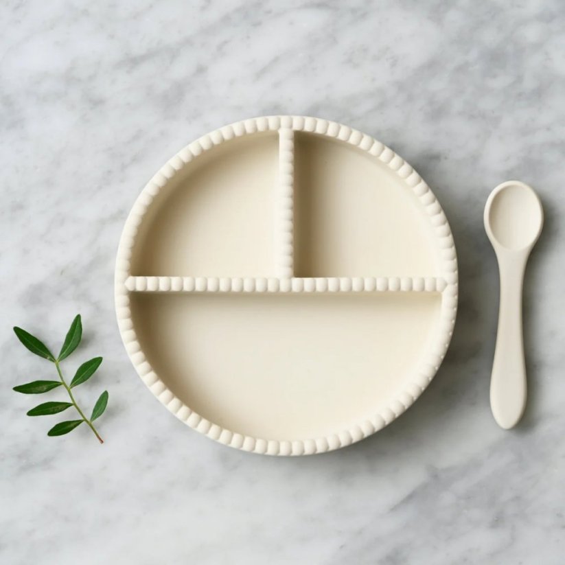 Silikonový talíř s přísavkou a lžička Jack O Juno - Bubble dinning set Cream