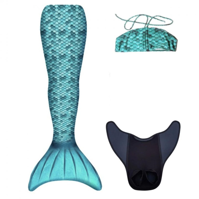 Kostým mořské panny Kuaki Mermaids - ocas, monofin ploutev a vrchní díl plavek - set 3 ks - Turquoise - S 8-10 let