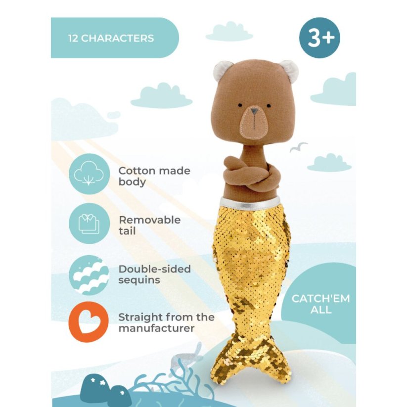 Látkový medvídek s ploutví 30 cm Cotti Motti Orange Toys - Oscar Mermaid tail