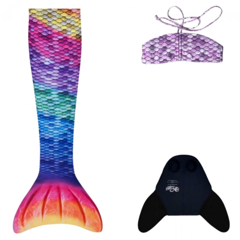 Kostým mořské panny Kuaki Mermaids - ocas, monofin ploutev a vrchní díl plavek - set 3 ks - Rainbow - S 8-10 let