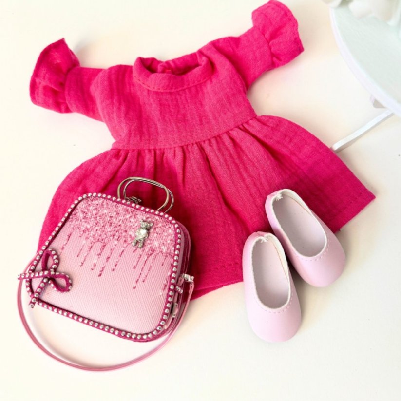 Šaty, kabelka a boty pro panenku Paola Reina a Minikane 32 cm By Loli - Set Pink chic