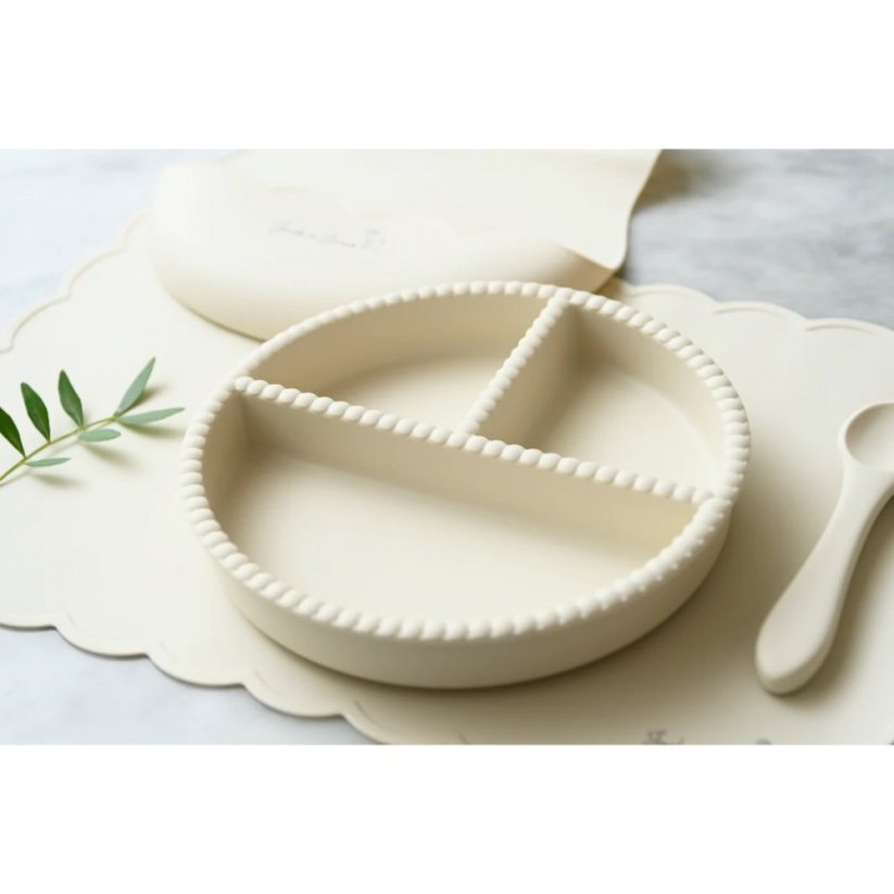 Silikonový talíř s přísavkou a lžička Jack O Juno - Bubble dinning set Cream
