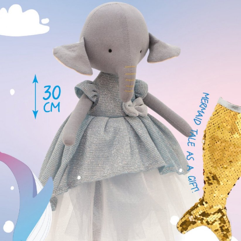 Látkový sloník s extra ploutví 30 cm Cotti Motti Orange Toys - Ali Light Blue Dress / Mermaid tail