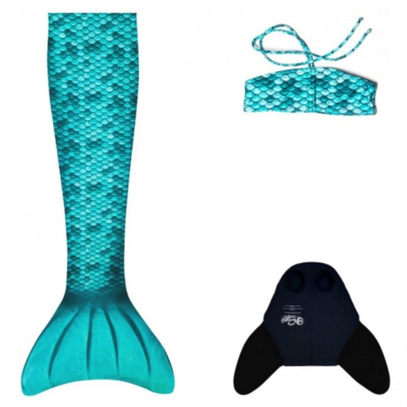 Kostým mořské panny Kuaki Mermaids - ocas, monofin ploutev a vrchní díl plavek - set 3 ks - Turquoise - S 8-10 let