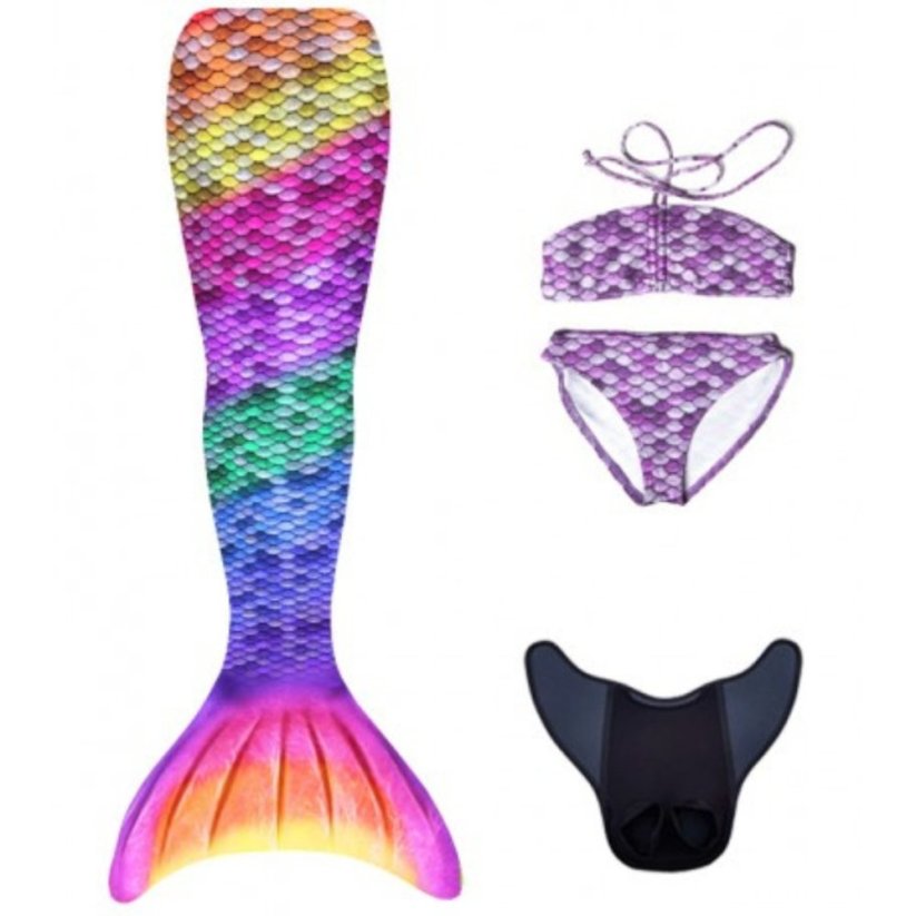 Kostým mořské panny Kuaki Mermaids - ocas, monofin ploutev a plavky - set 4 ks - Rainbow Lila - XXS 5-6 let