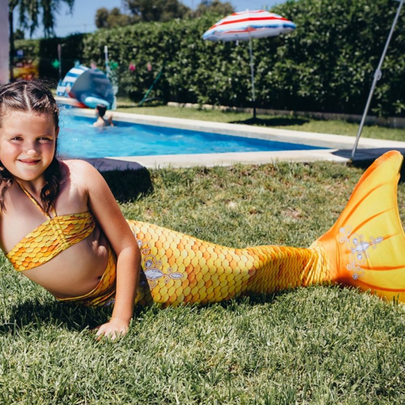Kostým mořské panny Kuaki Mermaids - ocas, monofin ploutev a vrchní díl plavek - set 3 ks - Gold - XXS 5-6 let